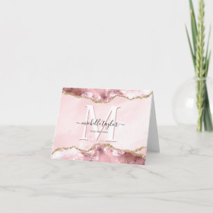 Blush Pink Gold Chic Glitter Gold Agate Monogram   Note Card