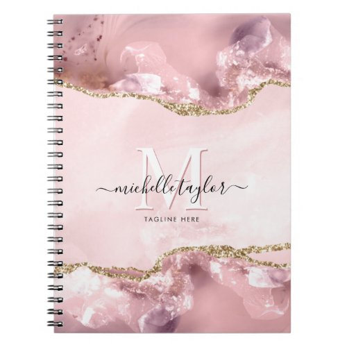 Blush Pink Gold Chic Glitter Gold Agate Monogram   Notebook