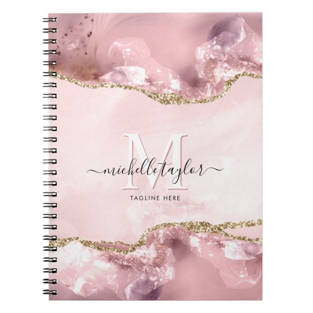 Blush Pink Gold Chic Glitter Gold Agate Monogram   Notebook (Front)