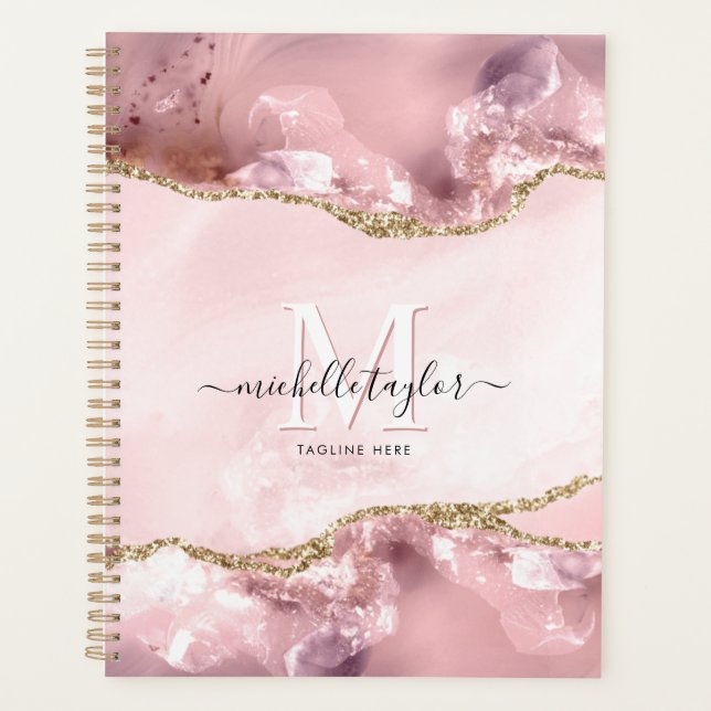 Blush Pink Gold Chic Glitter Gold Agate Monogram   Planner (Front)