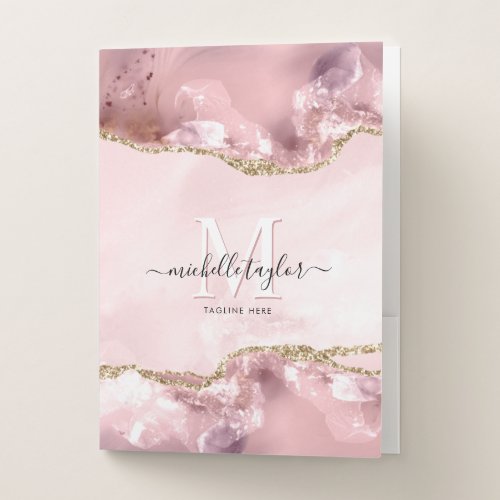 Blush Pink Gold Chic Glitter Gold Agate Monogram   Pocket Folder