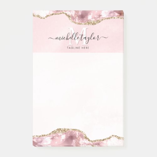Blush Pink Gold Chic Glitter Gold Agate Monogram   Post_it Notes
