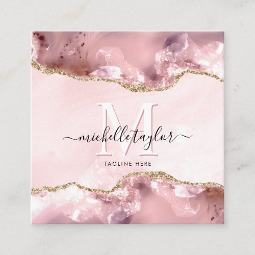 Blush Pink Gold Chic Glitter Gold Agate Monogram   Square Business Card