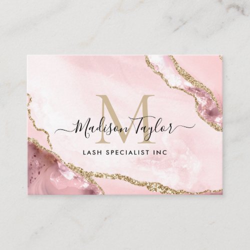 Blush Pink Gold Chic Glitter Marble Agate Monogram Business Card