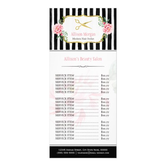 Blush Pink Gold Chic Hair Salon Floral Price List Rack Card