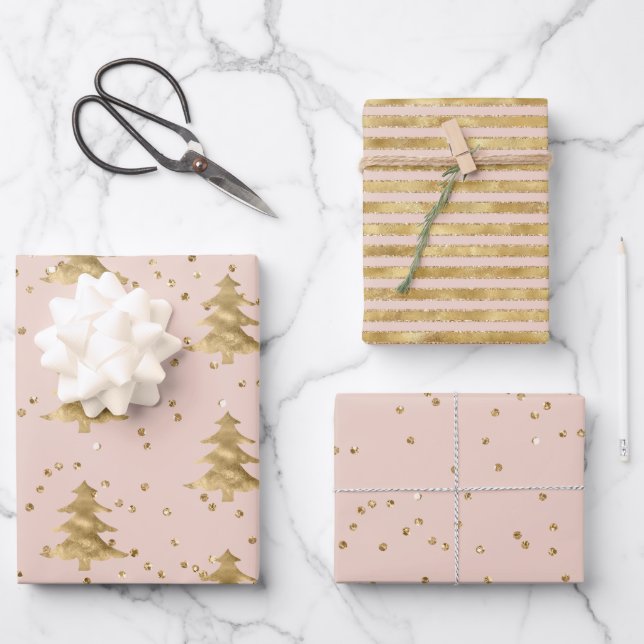 Blush Pink Gold Christmas Tree Stripes Sparkle     Wrapping Paper Sheets (Front)