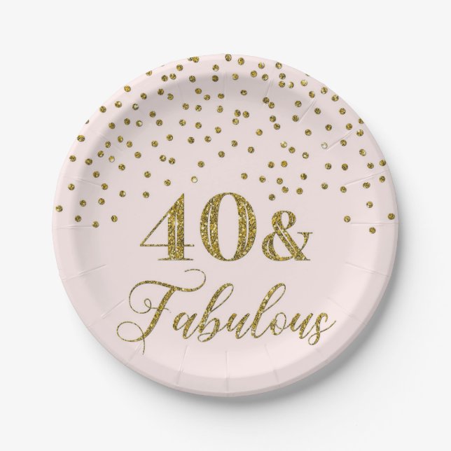 Blush Pink Gold Confetti 40th Birthday Party Paper Plates (Front)