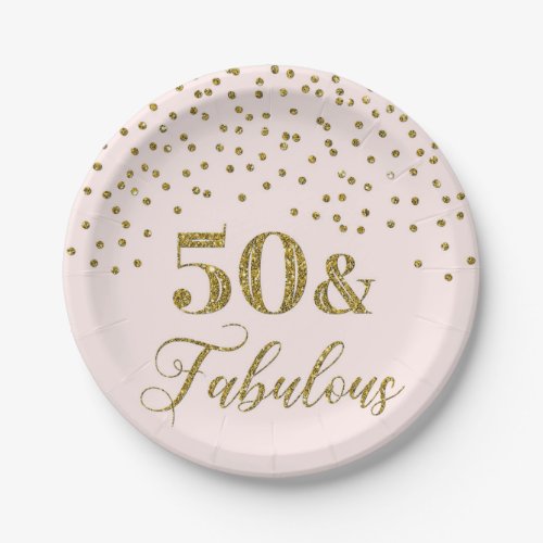 Blush Pink Gold Confetti 50th Birthday Party Paper Plates