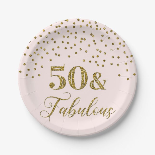 Blush Pink Gold Confetti 50th Birthday Party Paper Plates (Front)