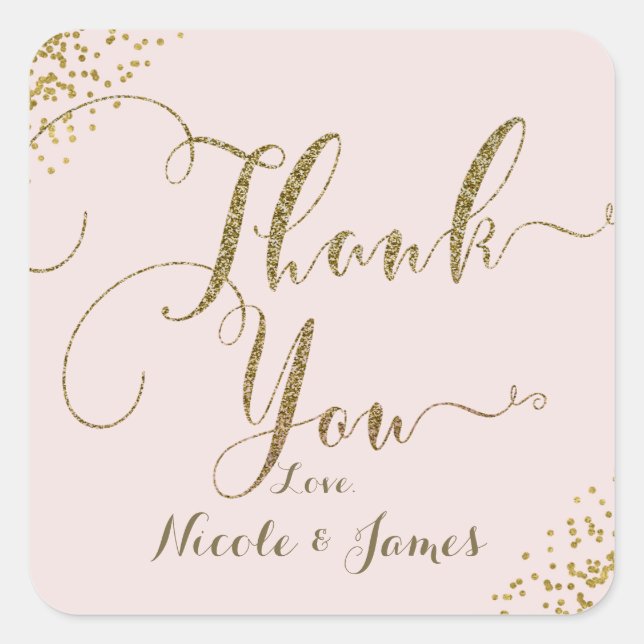 Blush Pink Gold Confetti Corners Thank You Favor Square Sticker (Front)