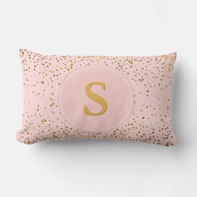 Blush Pink Gold Confetti Dots | Monogram Initial Lumbar Pillow (Front)