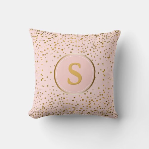 Blush Pink Gold Confetti Dots  Monogram Initial Throw Pillow