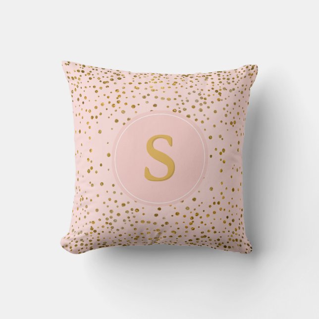Blush Pink Gold Confetti Dots | Monogram Initials Throw Pillow (Front)