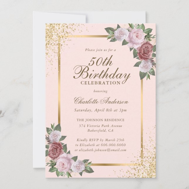 Blush Pink Gold Confetti Floral 50th Birthday Invitation (Front)