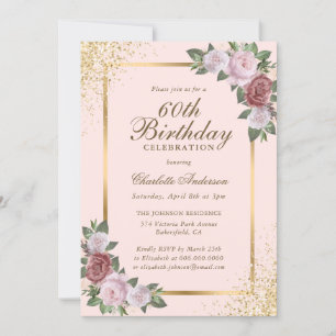 Blush Pink Gold Confetti Floral 60th Birthday Invitation