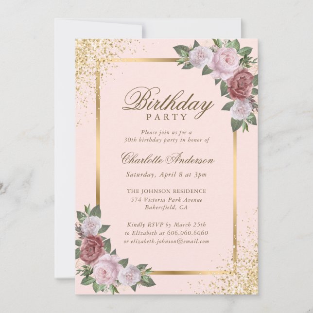 Blush Pink Gold Confetti Floral Birthday Party Invitation (Front)