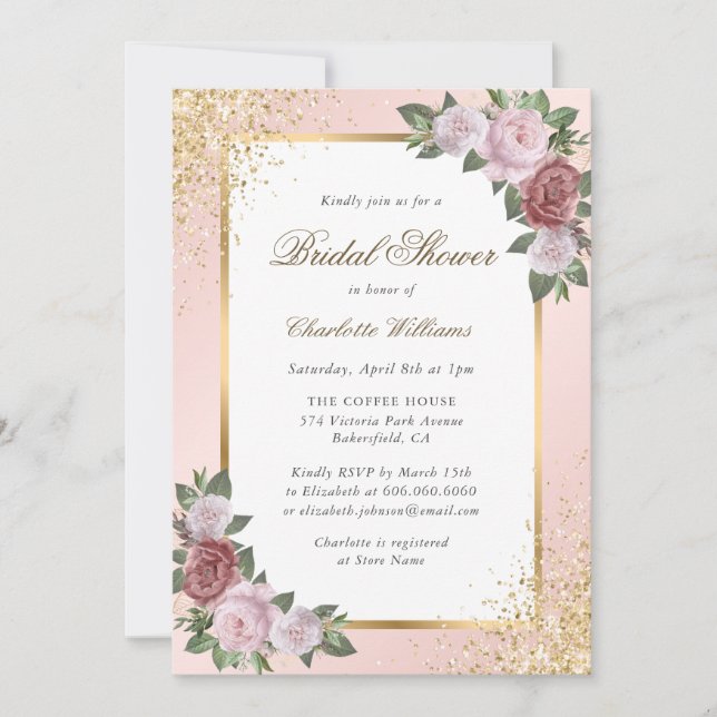Blush Pink Gold Confetti Floral Bridal Shower Invitation (Front)
