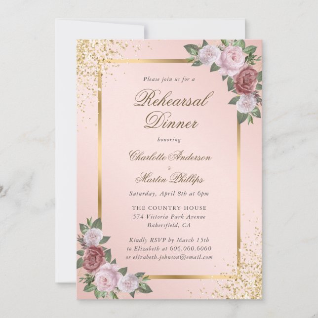 Blush Pink Gold Confetti Floral Rehearsal Dinner Invitation (Front)