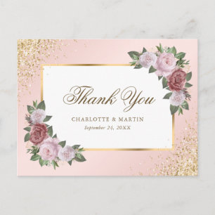 Blush Pink Gold Confetti Floral Wedding Thank You Postcard