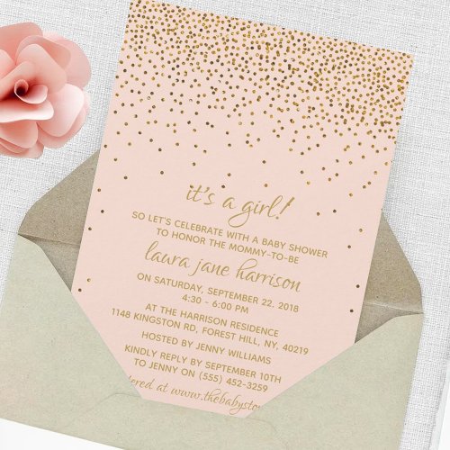 Blush Pink  Gold Confetti Girls Baby Shower Invitation