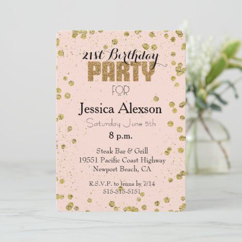 Blush Pink Gold Confetti Glitter 21st Birthday Invitation