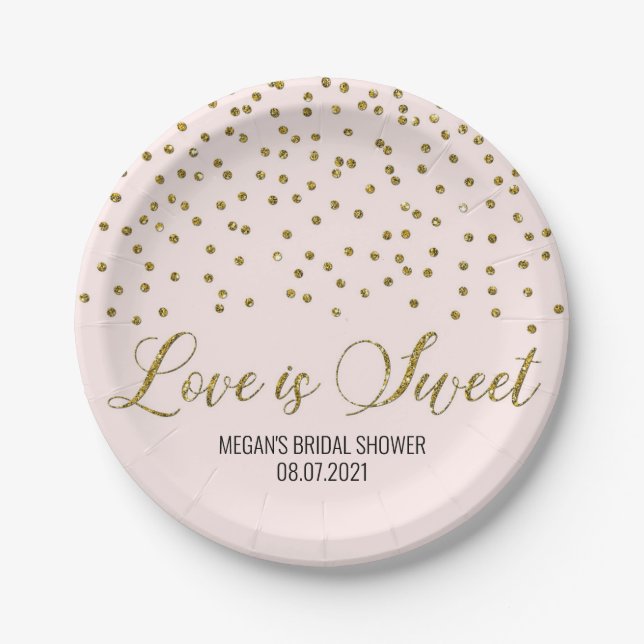 Blush Pink Gold Confetti Love is Sweet Paper Plates (Front)