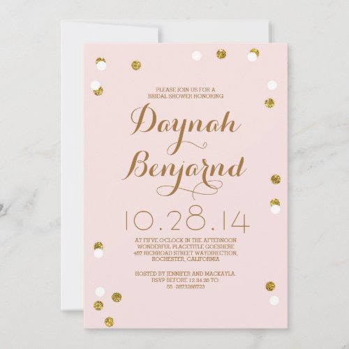 Blush pink &amp; gold confetti modern bridal shower 5x7 paper invitation card