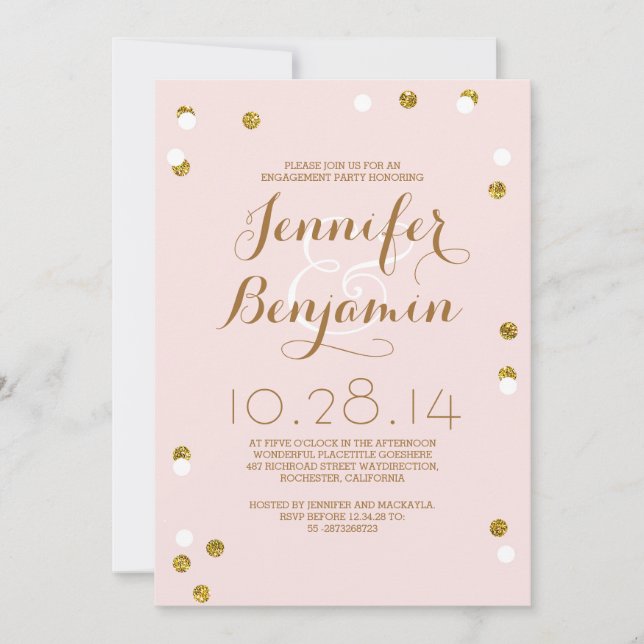 Blush pink & gold confetti modern engagement party invitation (Front)