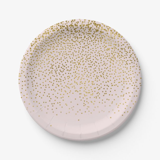 Blush Pink & Gold Confetti Modern Engagement Party Paper Plates (Front)