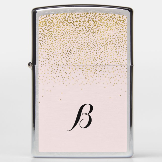 Blush Pink & Gold Confetti Modern Glam Monogram Zippo Lighter (Front)