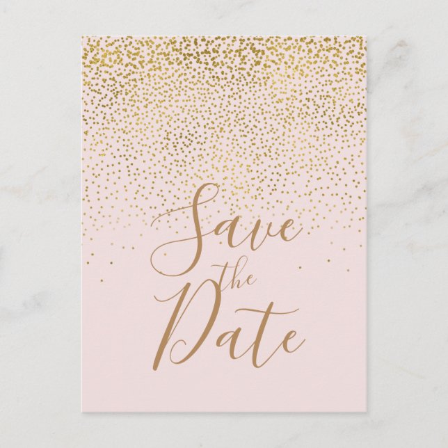 Blush Pink & Gold Confetti Modern Save the Date Announcement Postcard (Front)