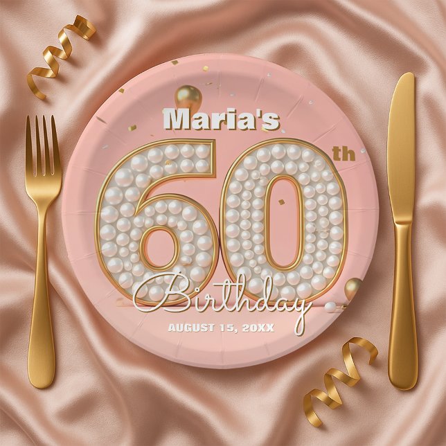 Blush Pink Gold Confetti Pearl 60th Birthday Paper Plates (Creator Uploaded)