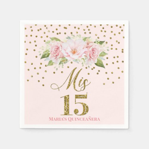 Blush Pink Gold Confetti Quinceaera Birthday Napkins