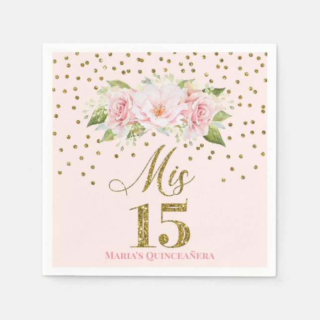 Blush Pink Gold Confetti Quinceañera Birthday Napkins (Front)