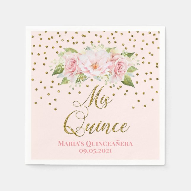 Blush Pink Gold Confetti Quinceañera Birthday Napkins (Front)