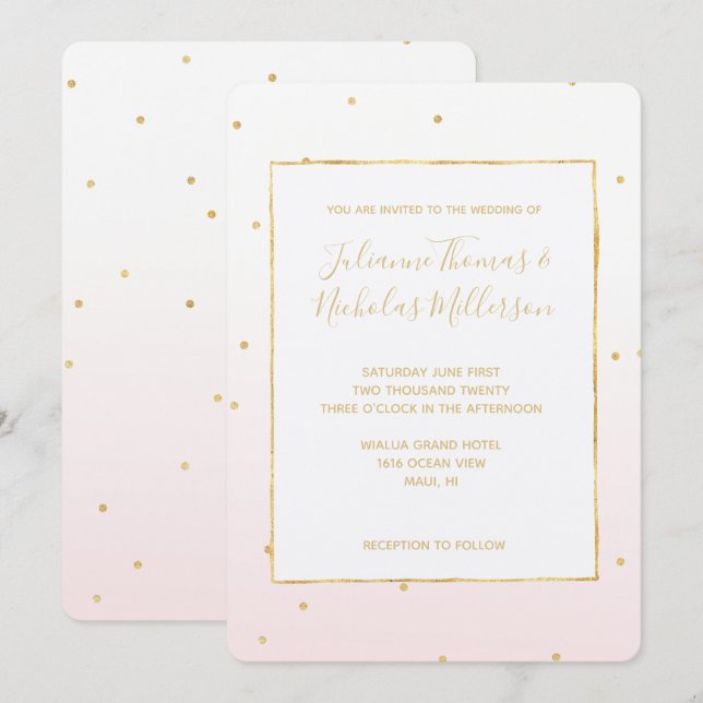 Blush Pink Gold Confetti Sparkle Ombre Wedding Invitation (Front/Back)