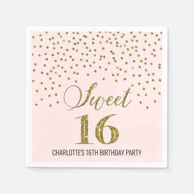 Blush Pink Gold Confetti Sweet 16 Birthday Napkins (Front)