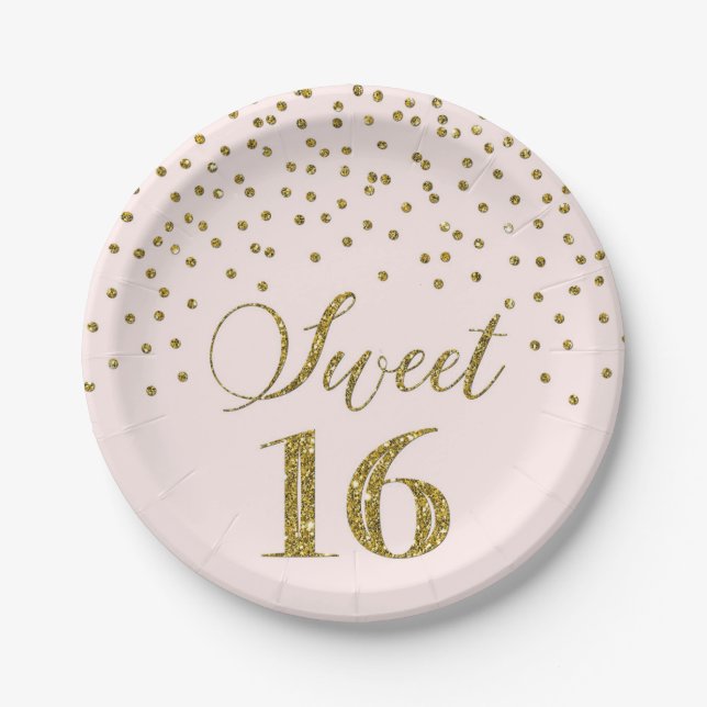 Blush Pink Gold Confetti Sweet 16 Birthday Party Paper Plates (Front)