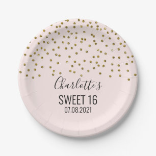 Blush Pink Gold Confetti Sweet 16 Birthday Party Paper Plates