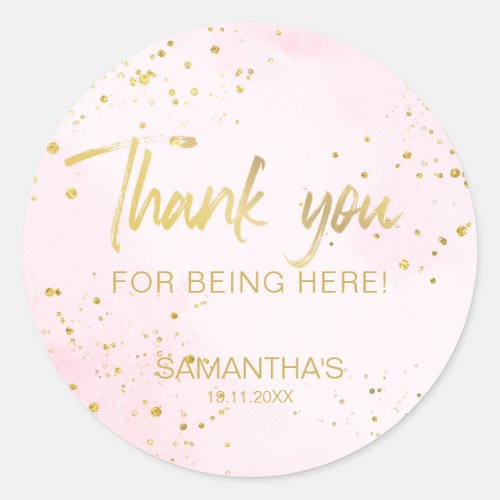 Blush Pink &amp; Gold Confetti Sweet 16 Thank You Classic Round Sticker