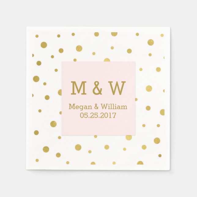 Blush Pink Gold Confetti Wedding Monogram Paper Napkins (Front)