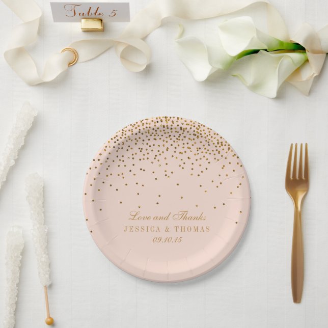 Blush Pink & Gold Confetti Wedding Paper Plates (Wedding)