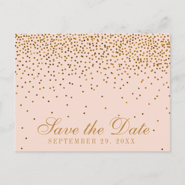 Blush Pink & Gold Confetti Wedding Save The Date Announcement Postcard (Front)