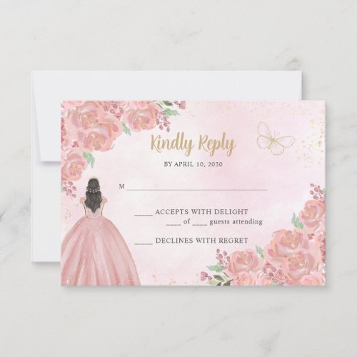 Blush Pink Gold Copper Floral Princess Quinceaera RSVP Card