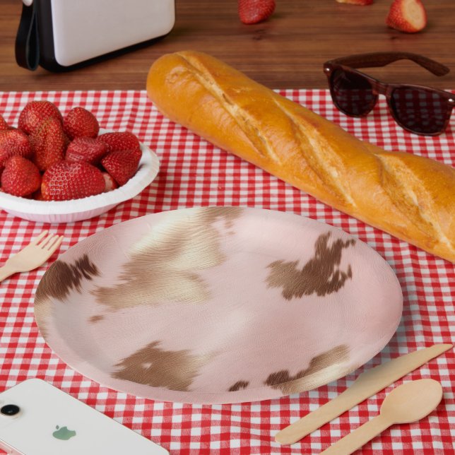 Blush Pink Gold Cowgirl Cowhide Paper Plates (Picnic)