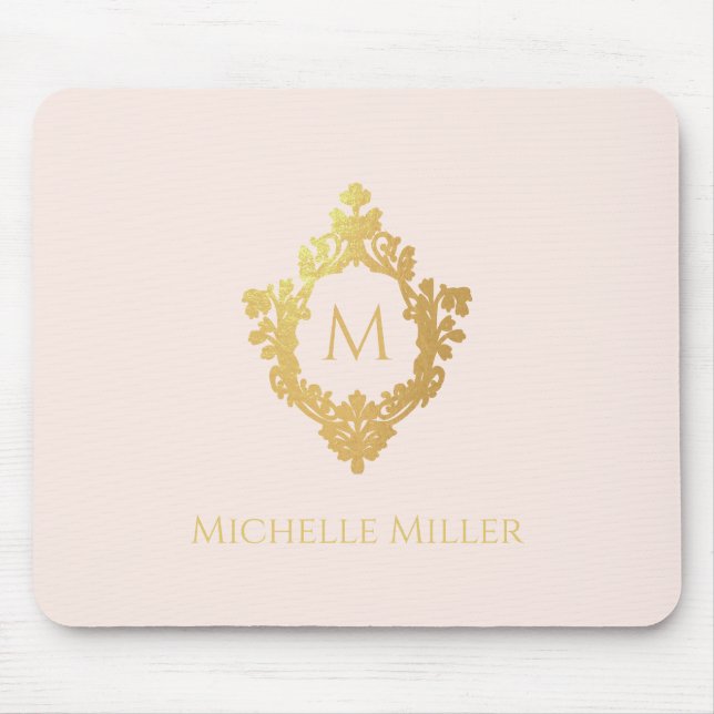 Blush Pink Gold Crest Elegant Monogram Name Mouse Pad (Front)