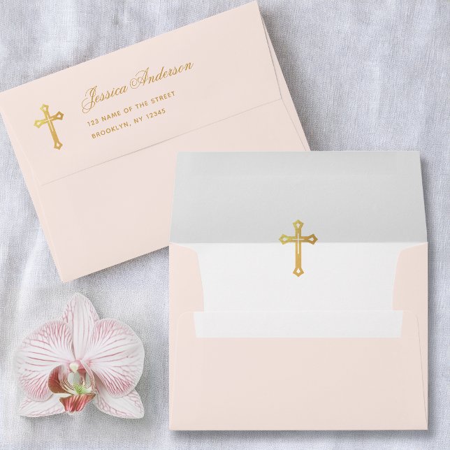 Blush Pink Gold Cross and Elegant Script Religious Envelope (Creator Uploaded)
