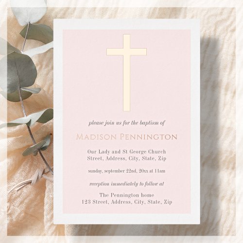Blush Pink  Gold Cross Baptism Foil Invitation