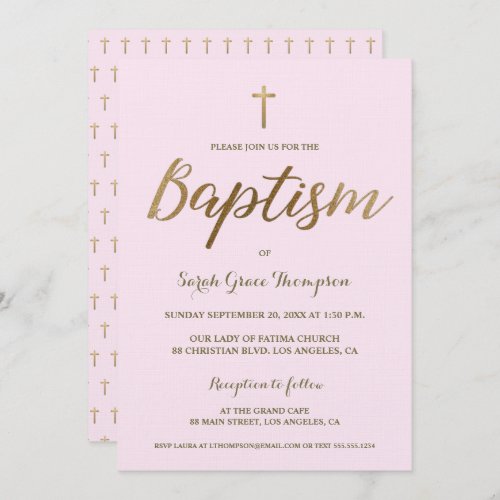 Blush Pink Gold Cross Custom Baby Girl Baptism Invitation