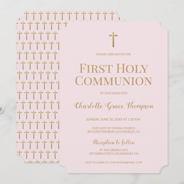 Blush pink Gold Cross Girl First holy communion  Invitation (Front/Back)